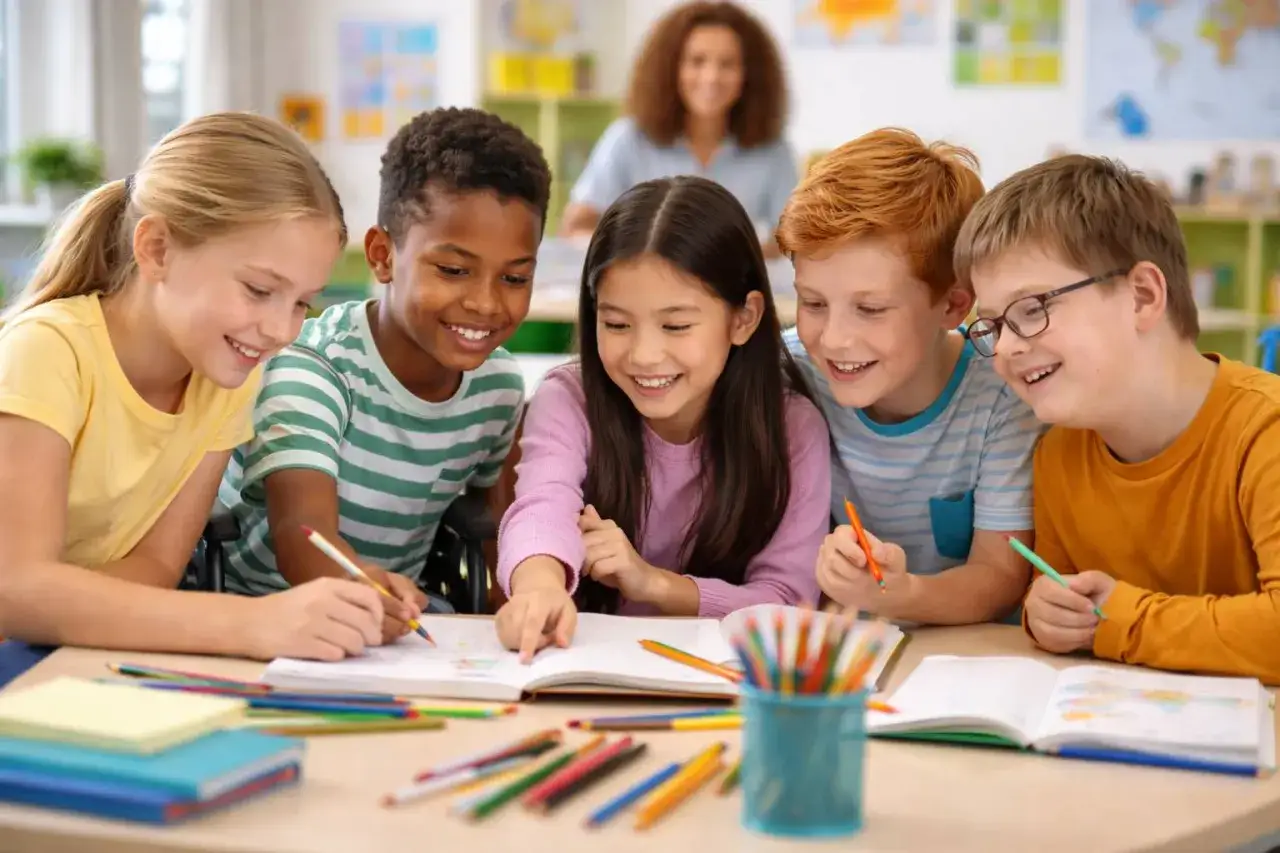 Niños sonriendo y colaborando en un proyecto de acis educación. Un grupo diverso de estudiantes trabaja junto en un aula, rodeados de materiales escolares.