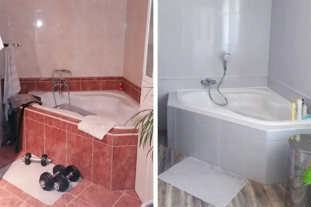 Vorher-Nachher-Vergleich: Rote Fliesen um die Badewanne wurden durch helle, frisch gestrichene Fliesen ersetzt.