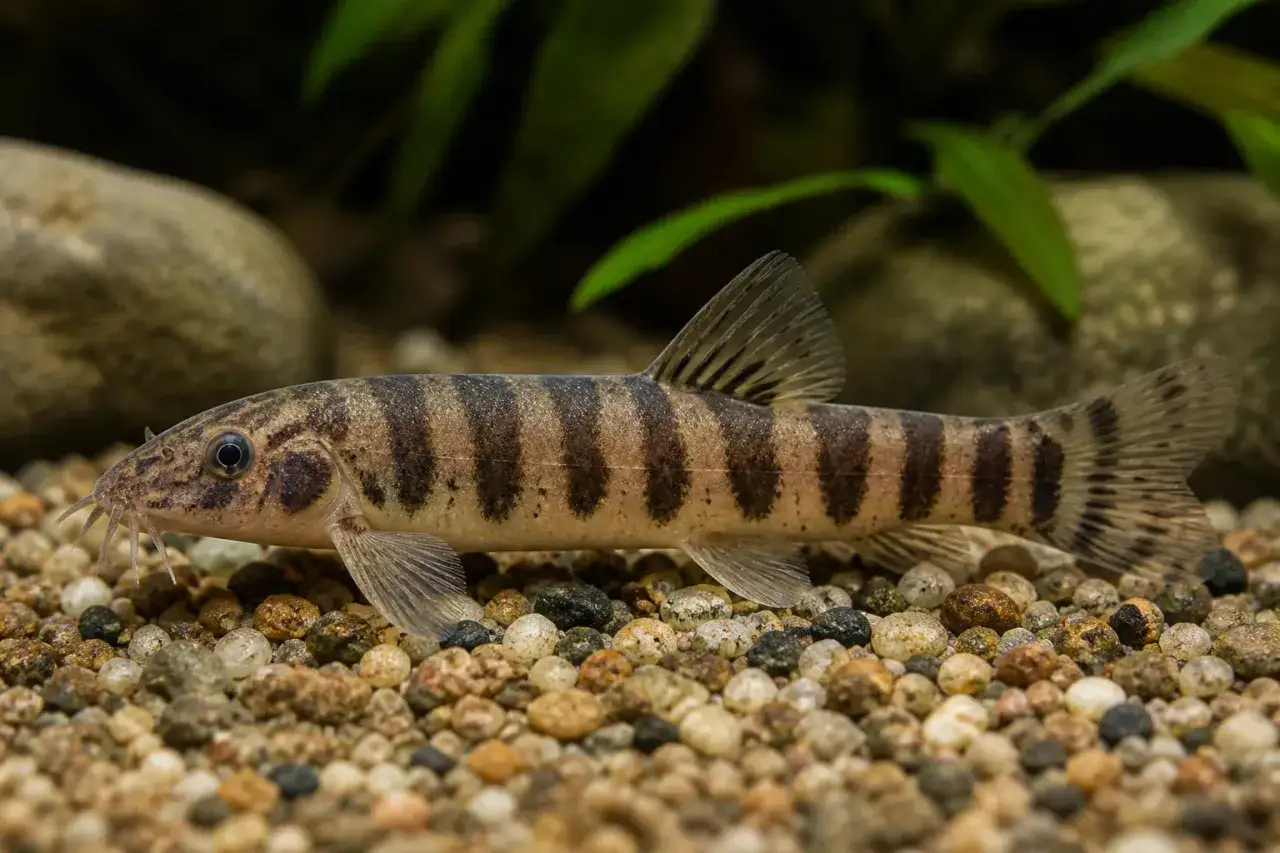 Un poisson mangeur d'algues filamenteuses, aux rayures sombres, nage sur un lit de gravier coloré.