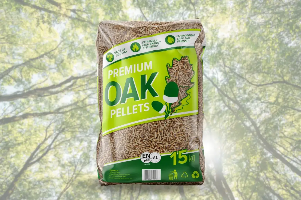 Worek z premium pelletem dębowym, 15kg. Ekologiczny, wydajny, idealny wybór, jeśli zastanawiasz się, jaki pellet najlepszy.