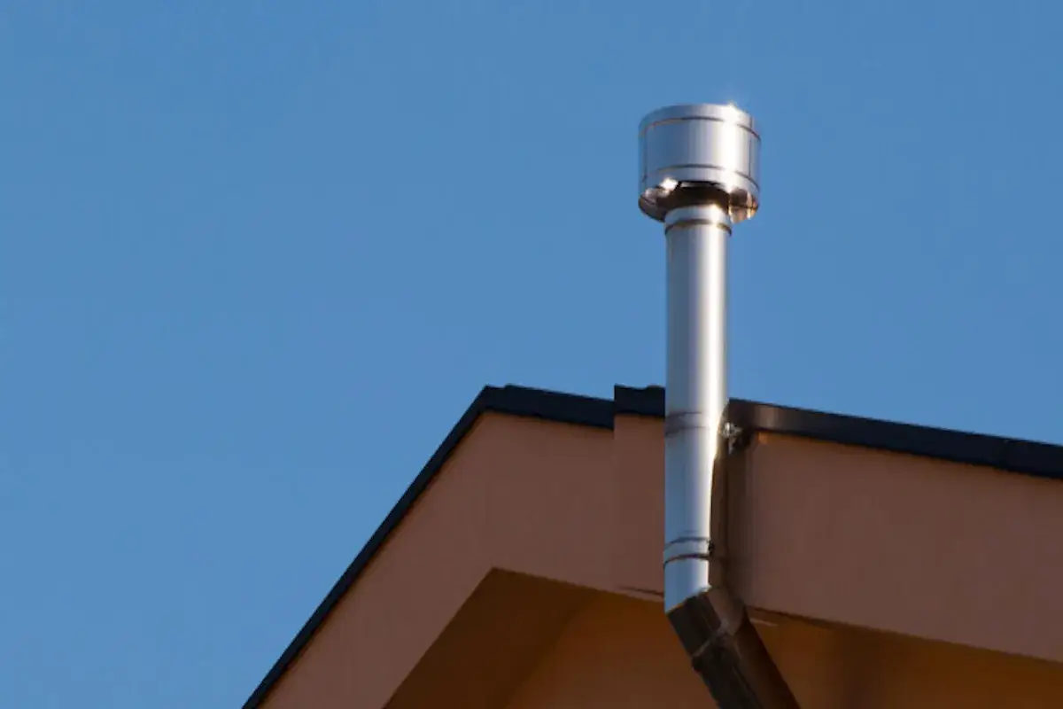 Dettaglio dello scarico scaldabagno a gas in facciata, con tubo metallico lucido che si staglia contro il cielo azzurro.