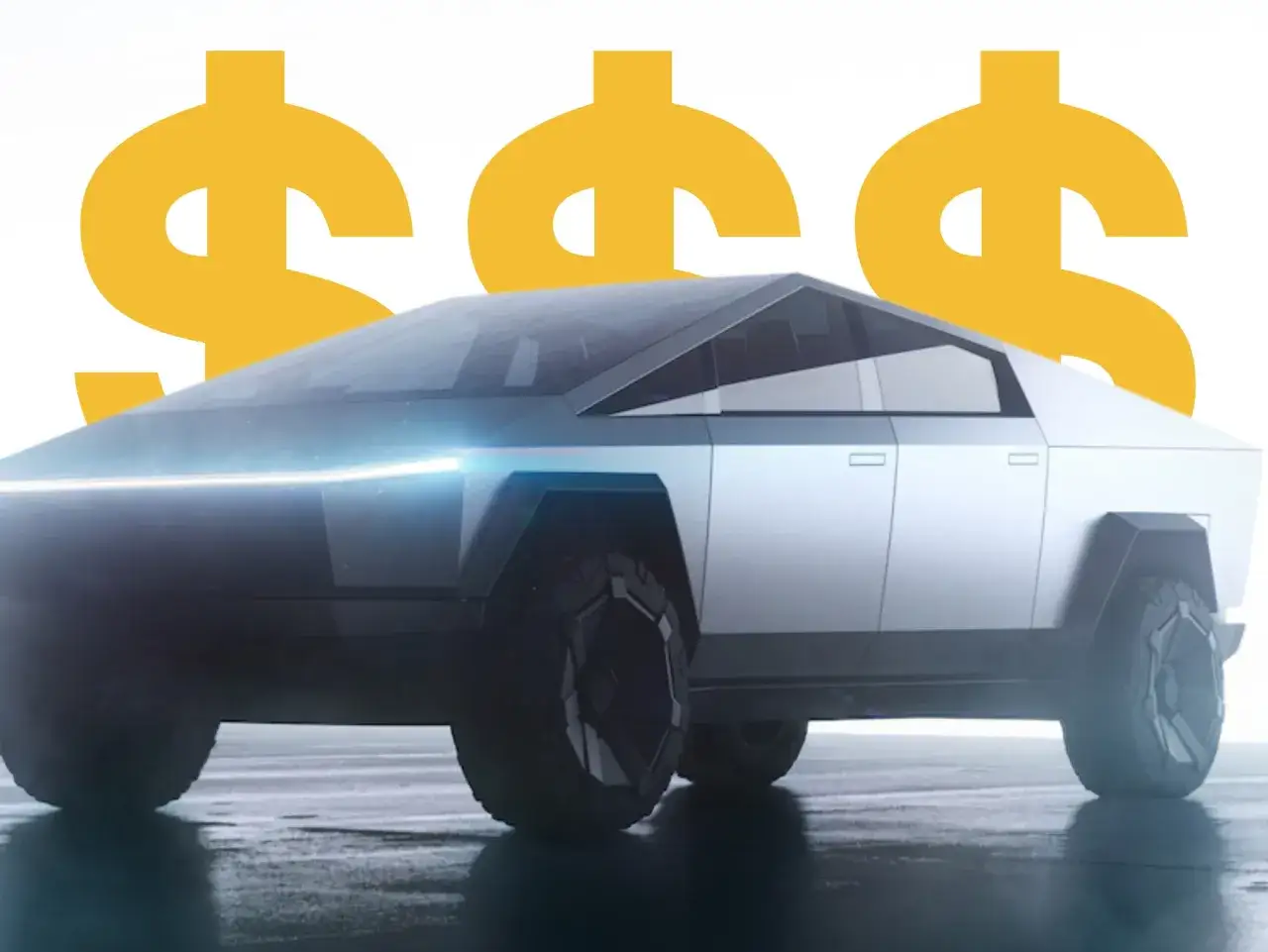 Futurystyczny Tesla Cybertruck na tle trzech symboli dolara. Zastanawiasz się, ile kosztuje Tesla?