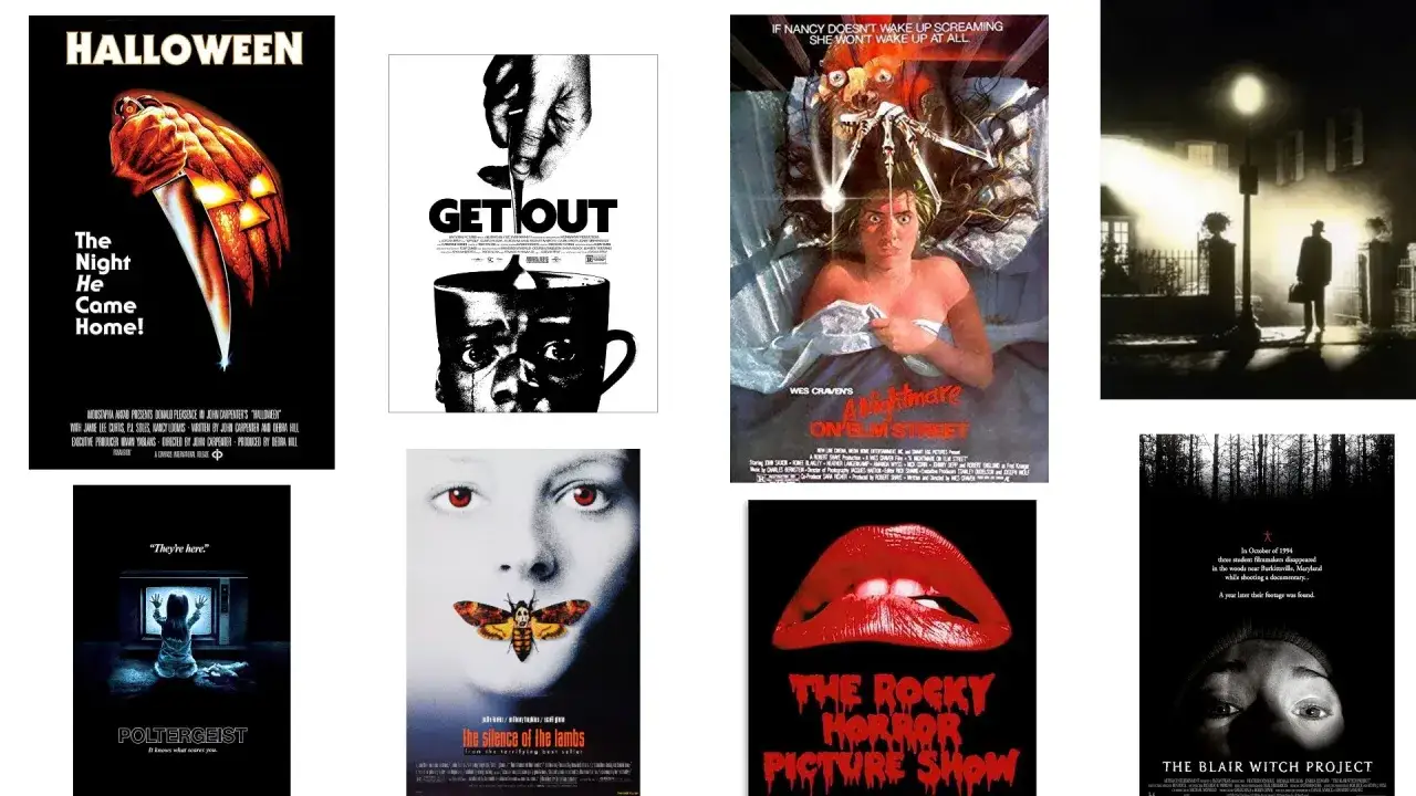 Plakaty filmowe: Halloween, Uciekaj!, Koszmar z ulicy Wiązów, E.T., Poltergeist, Milczenie owiec, The Rocky Horror Picture Show, Projekt: Blair Witch – klasyki najlepszych horrorów.