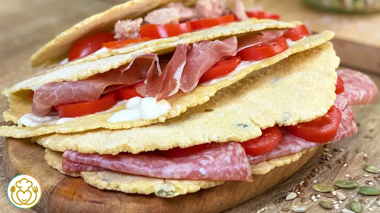 Piadina di ceci ripiena di prosciutto, salame e pomodoro fresco. Un'esplosione di sapori su una base rustica e gustosa.