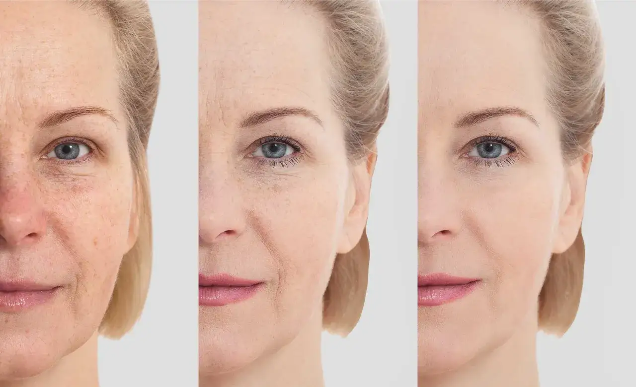 Avant/après : peau marquée par le temps, puis lissée. Avis dermatologue sur l'acide hyaluronique pour un teint rajeuni.