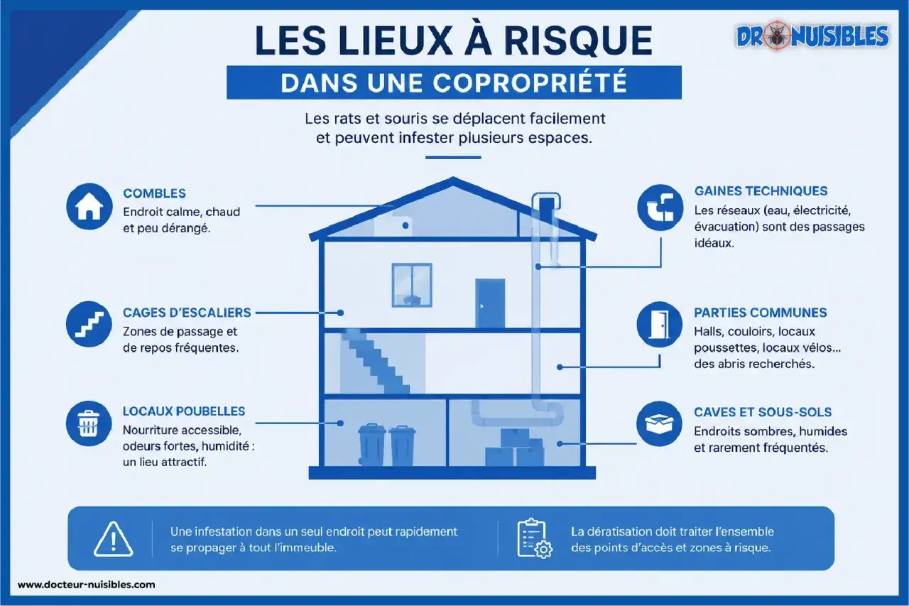 Infographie sur les lieux à risque pour un problème de rats en copropriété : combles, cages d'escaliers, locaux poubelles, gaines techniques, parties communes, caves.