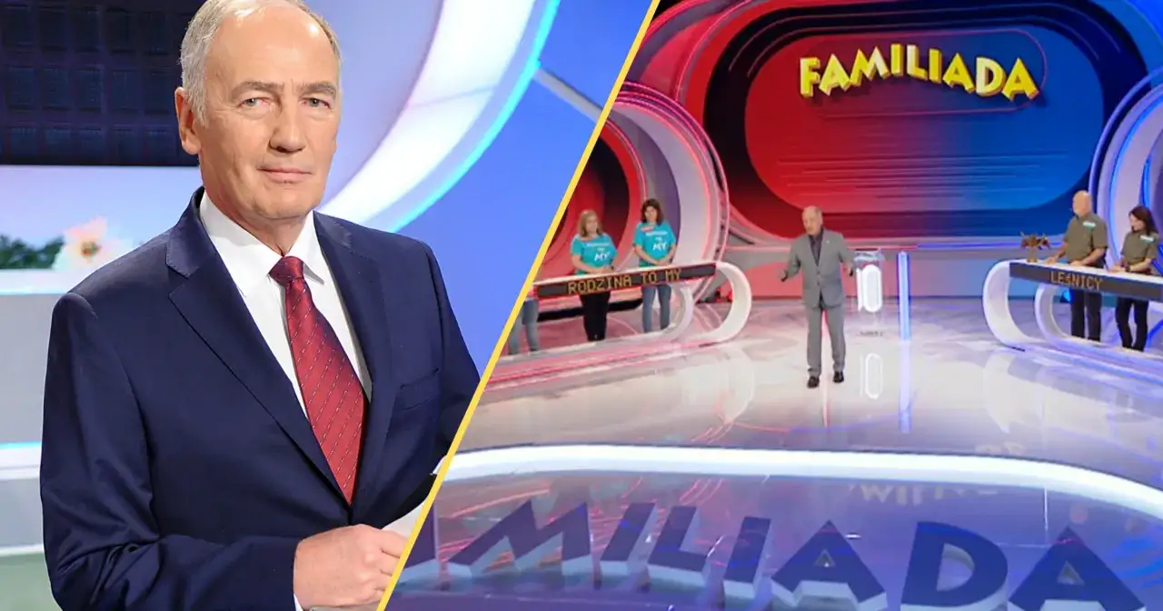 Prowadzący Familiady pyta, czego nie wniesiemy na pokład samolotu. Na scenie dwie drużyny,