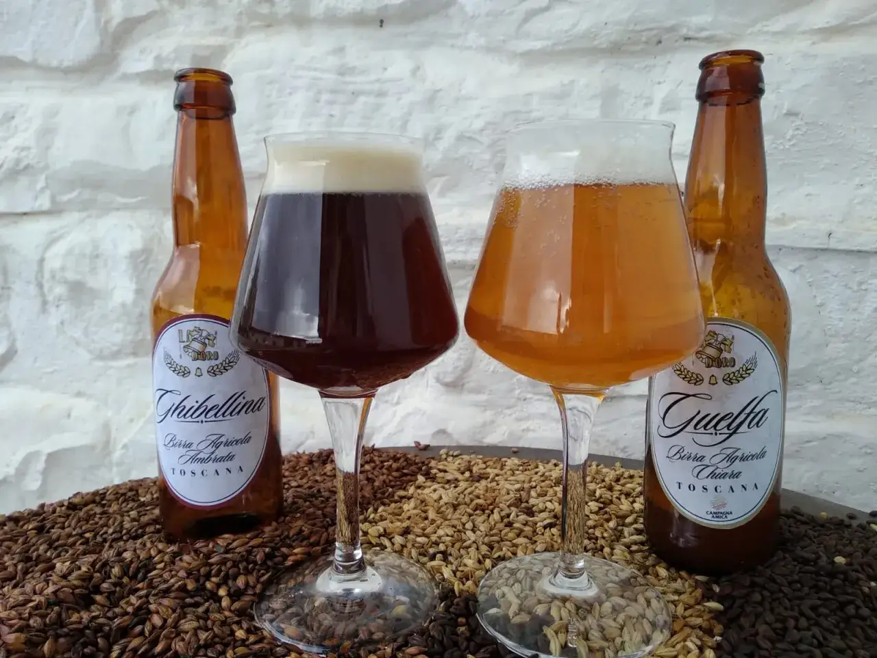 Due bicchieri di birra, una scura e una chiara, con bottiglie e chicchi di malto. La birra chiara, 
