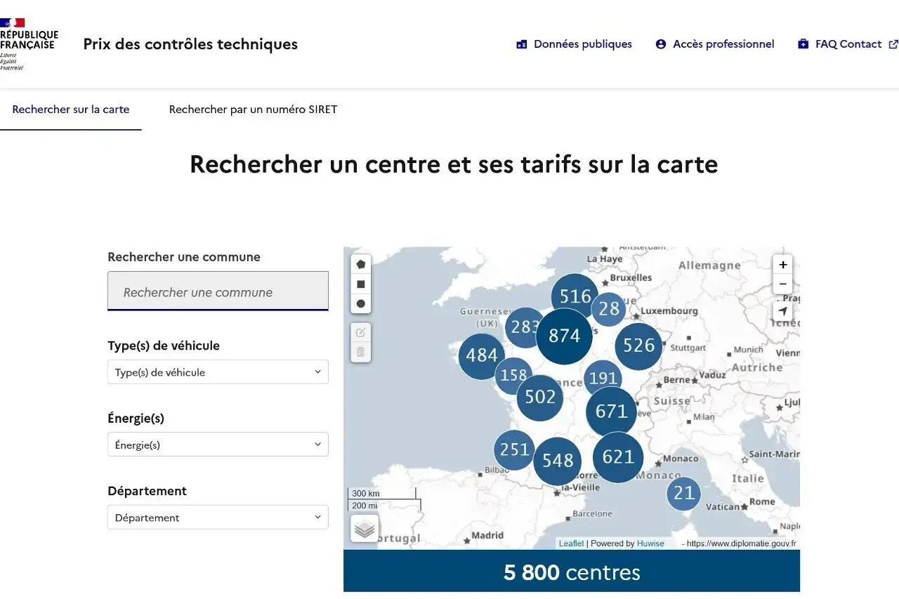 Carte interactive pour trouver le contr&ocirc;le technique prix. Filtrez par commune, type de v&eacute;hicule et &eacute;nergie.
