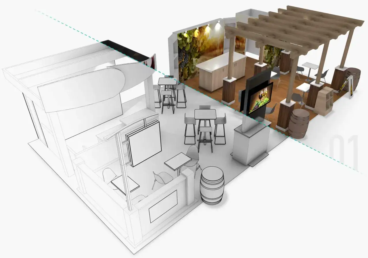 Projekt stoiska targowego: od szkicu do wizualizacji. Widoczne obiekty 3d: lady, stoły, krzesła, beczki, pergola, ekran.