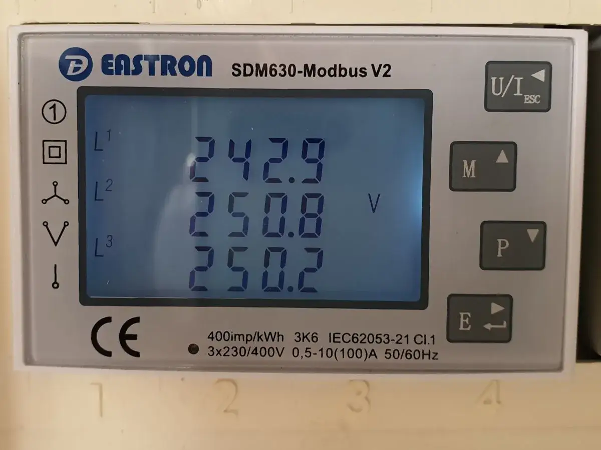 Pomiar napięcia w sieci Tauron: L1=242.9V, L2=250.8V, L3=250.2V. Urządzenie pokazuje za wysokie napięcie w sieci.