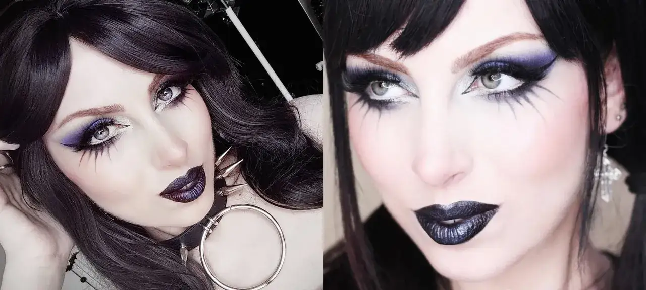 Mujer con maquillaje gótico: ojos dramáticos con sombras moradas y negras, pestañas largas y labios oscuros.