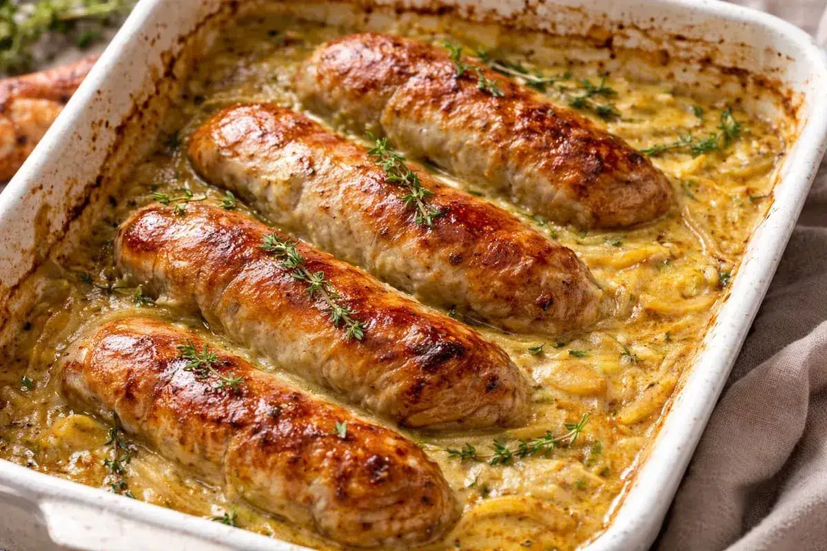 Quatre andouillettes dor&eacute;es mijotent dans une sauce cr&eacute;meuse aux herbes, pr&ecirc;tes &agrave; &ecirc;tre d&eacute;gust&eacute;es. Un plat r&eacute;confortant d'andouillette au four.