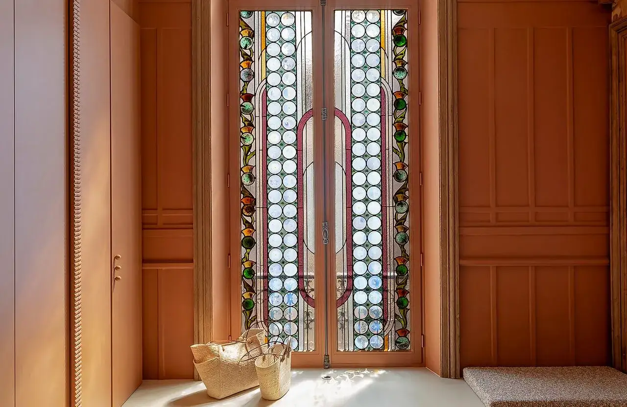 Porte vitrée ornée de vitraux simples aux motifs floraux et circulaires, dans une pièce aux murs orangés.