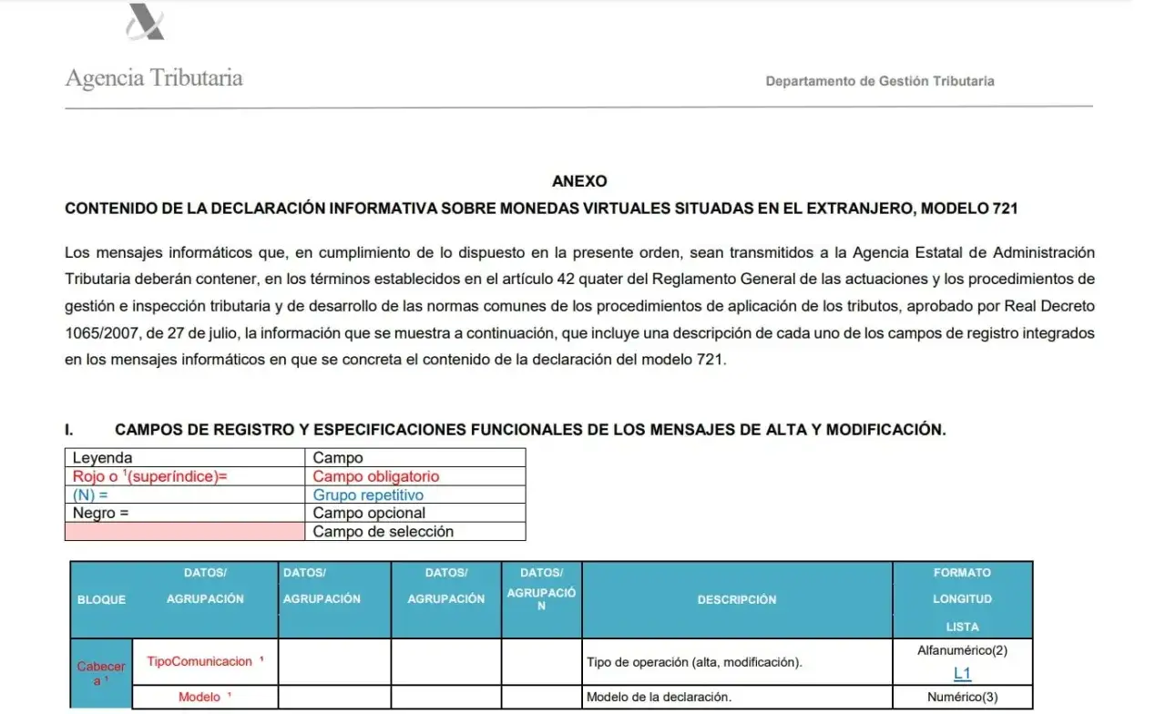 Detalle del Modelo 721 de la Agencia Tributaria, que explica c&oacute;mo declarar criptomonedas, incluso si no las has vendido.