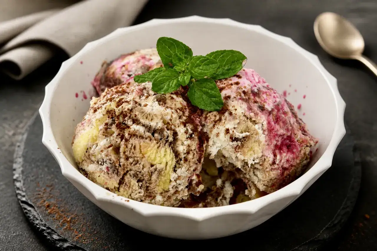 Schüssel mit Zuppa Inglese Gelato, garniert mit Minze und Schokoladenraspeln. Ein Löffel liegt daneben.