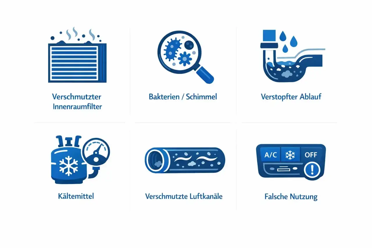 Wenn die klimaanlage auto stinkt, können verschmutzte Filter, Bakterien, verstopfte Abläufe oder Luftkanäle die Ursache sein.