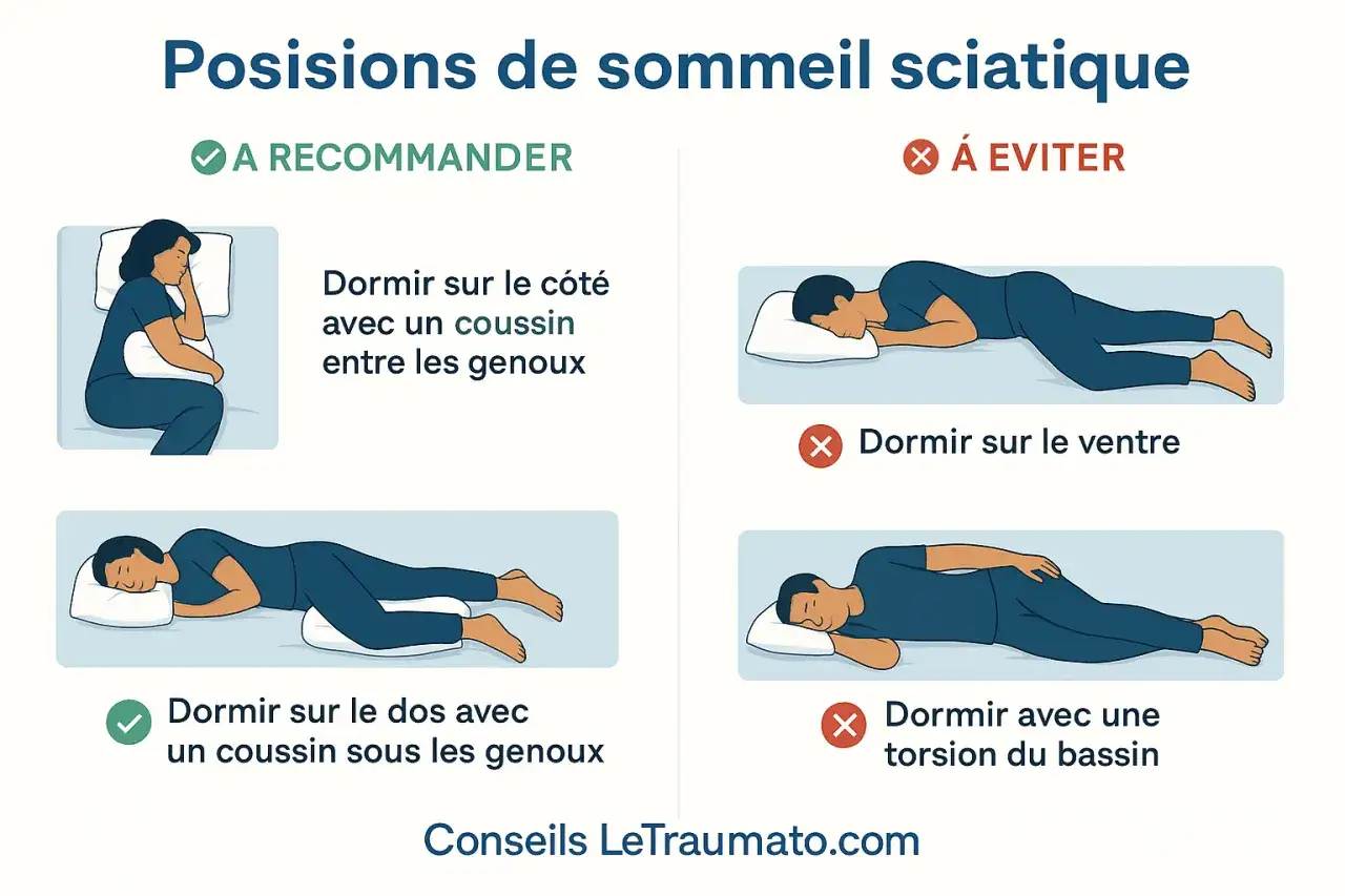 Pour savoir comment dormir avec une sciatique, privil&eacute;giez le c&ocirc;t&eacute; avec un coussin entre les genoux ou le dos avec un coussin sous les genoux. &Eacute;vitez le ventre et la torsion du bassin.