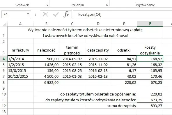 Tabela kosztów windykacji