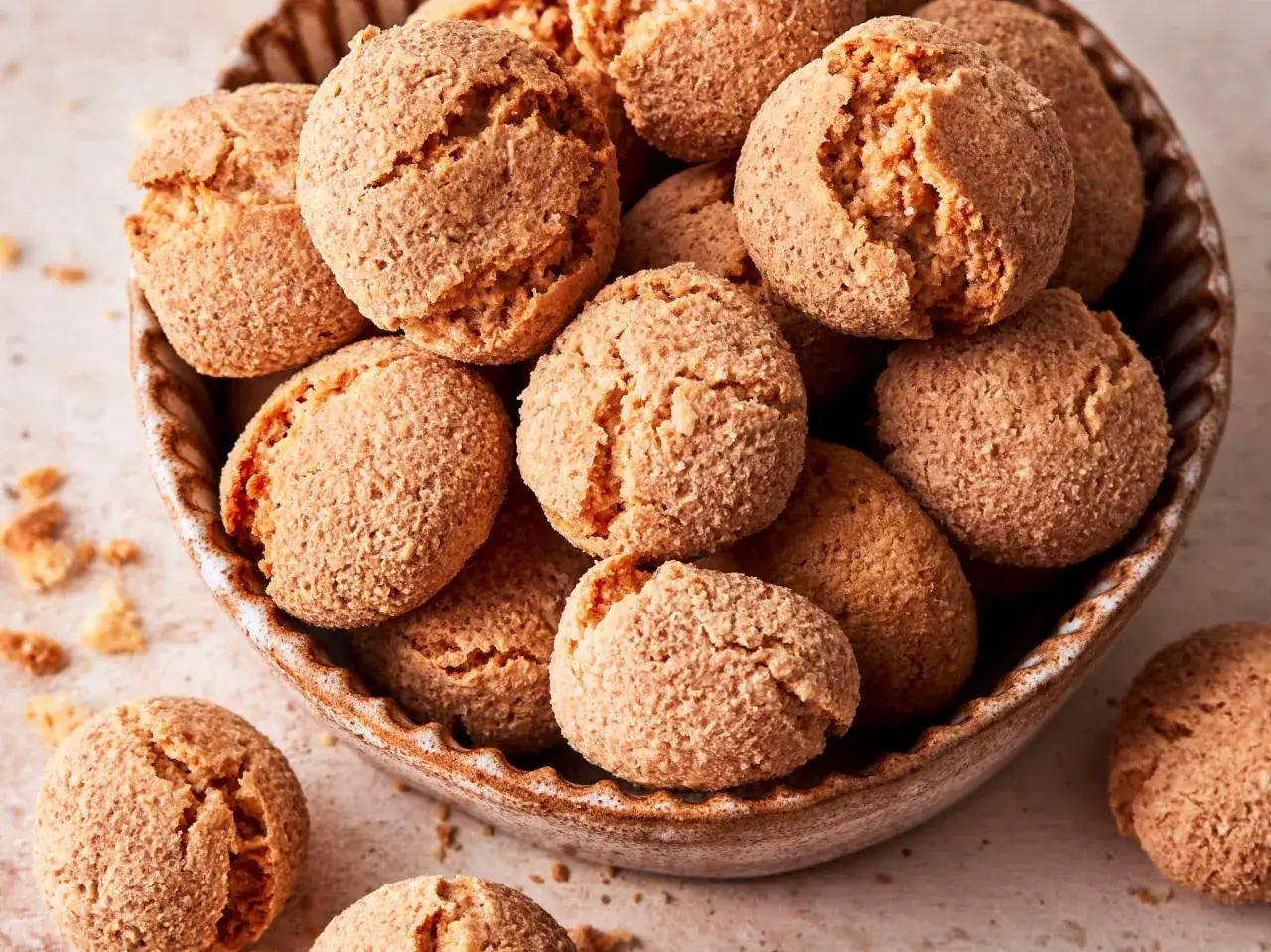 Köstliche Amarettini Kekse in einer Schale, perfekt für ein Amarettini Rezept. Knusprig und goldbraun, ein Genuss!