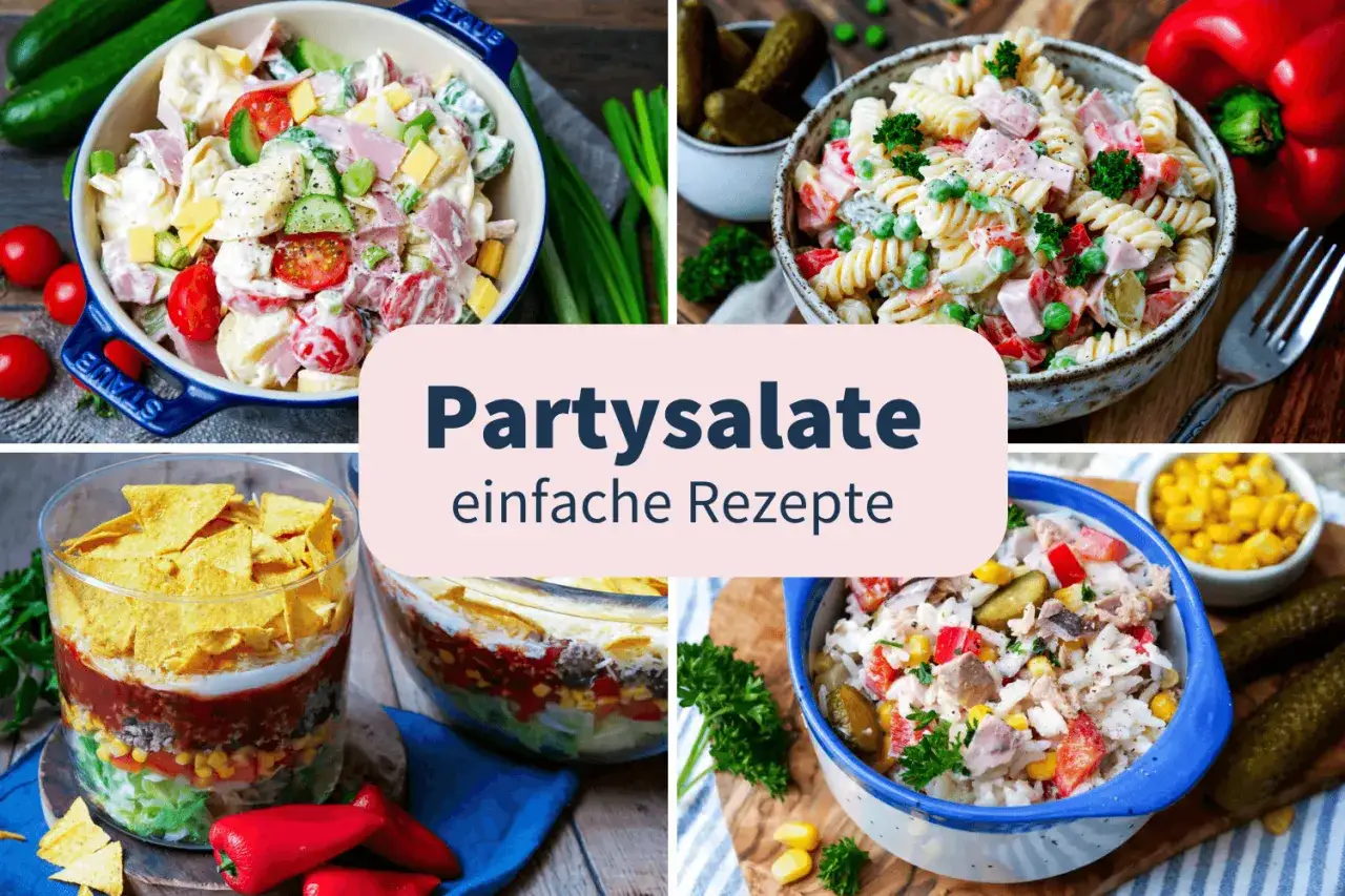 Vier leckere Partysalate: Nudel-, Tortilla- und Reis-Salat. Perfekt für jede Feier!