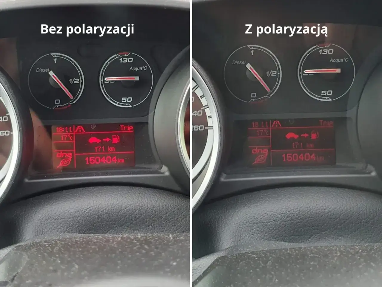 Porównanie deski rozdzielczej samochodu z okularami polaryzacyjnymi i bez nich. Widać, jak polaryzacja wpływa na czytelność wyświetlacza.