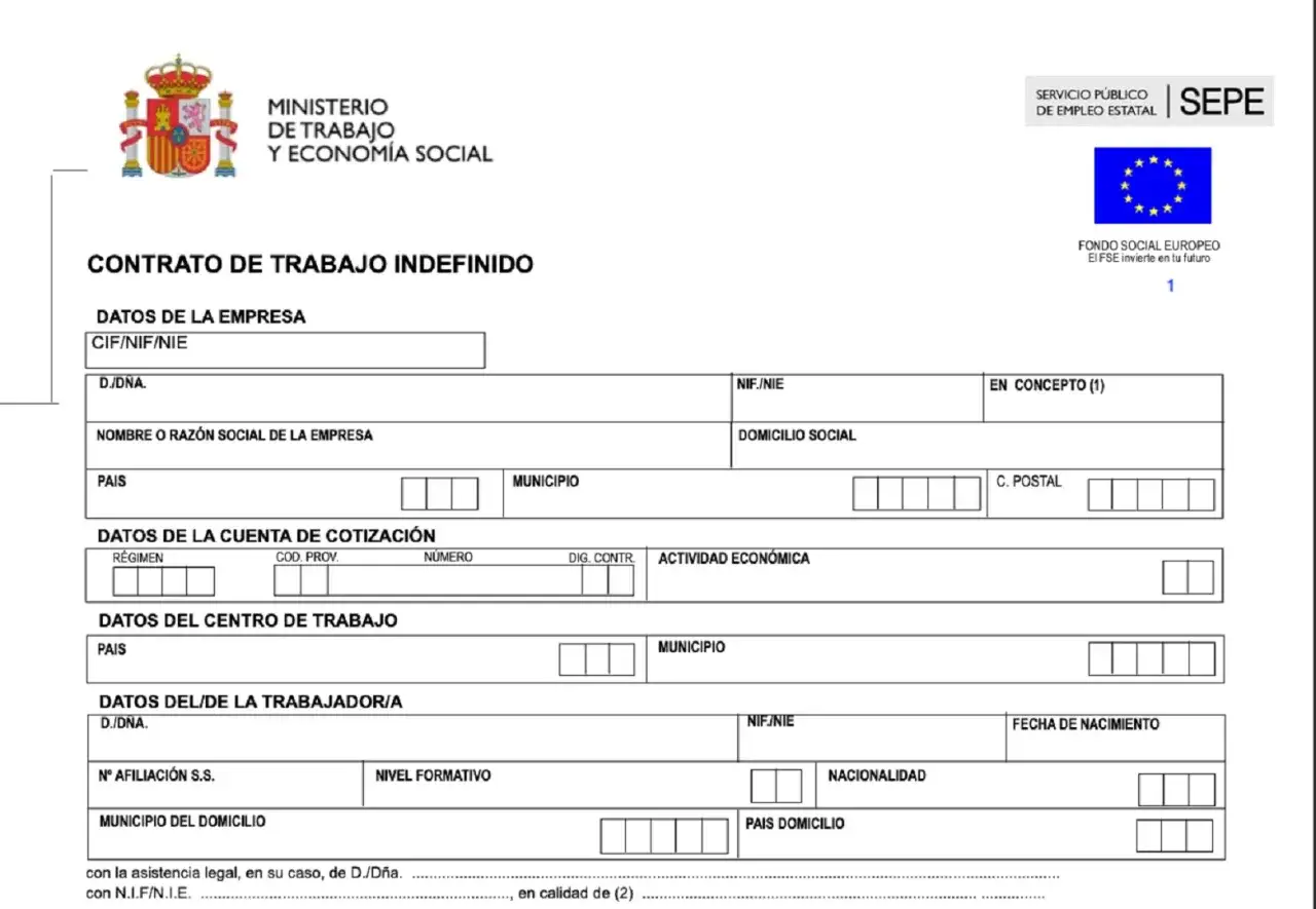 Formulario oficial del SEPE para un contrato de trabajo indefinido, con campos para datos de empresa, trabajador y cotización. Evita un contrato precario.