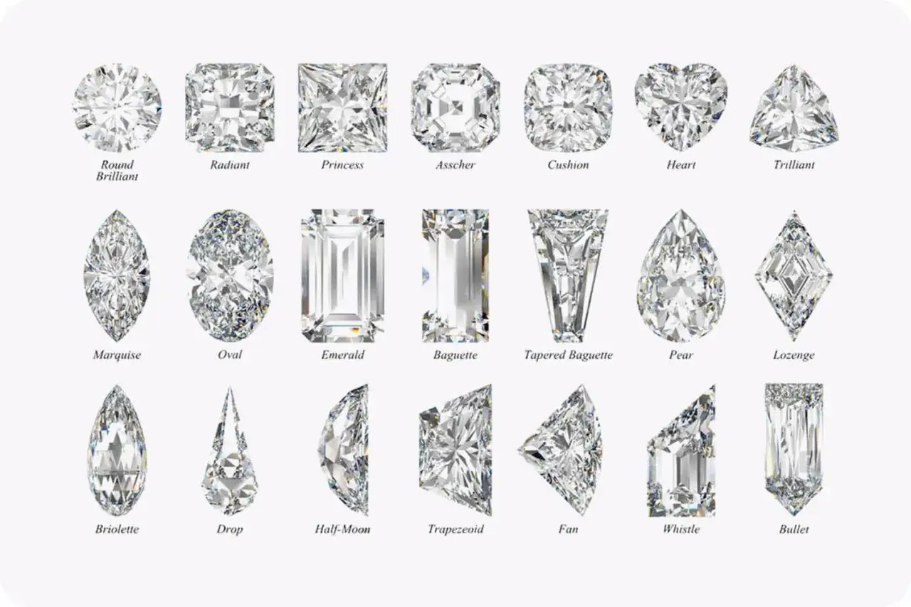 Vielfalt an **diamanten schliff** Formen: Rund, Radiant, Princess, Oval, Herz und mehr, jede mit einzigartigem Glanz.