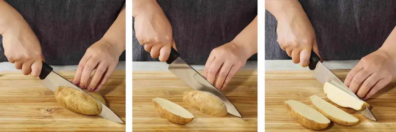H&auml;nder sk&auml;r potatis i klyftor. Olika tipos de cortes de vegetales visas.