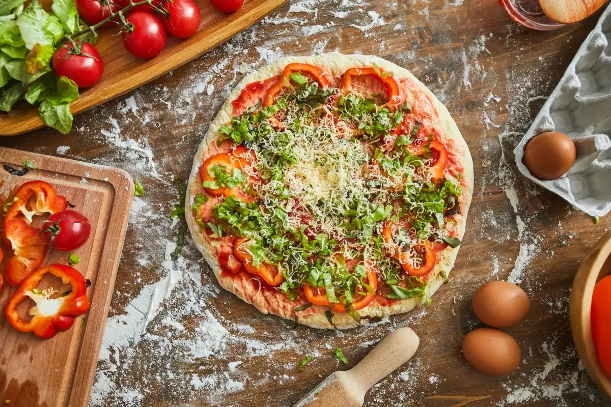 Domowa pizza z papryką i serem, gotowa do pieczenia. Zastanawiasz się, ile kcal ma domowa pizza?