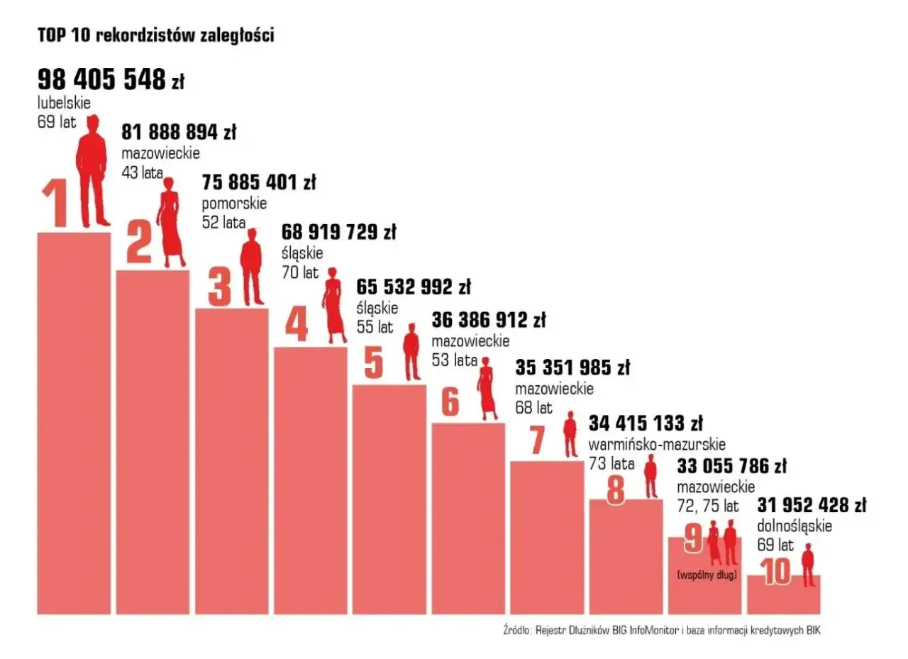 TOP 10 rekordzist&oacute;w zaległości. Jak sprawdzić czy ktoś ma długi? Wykres pokazuje kwoty zadłużenia, regiony i wiek os&oacute;b z największymi zaległościami.