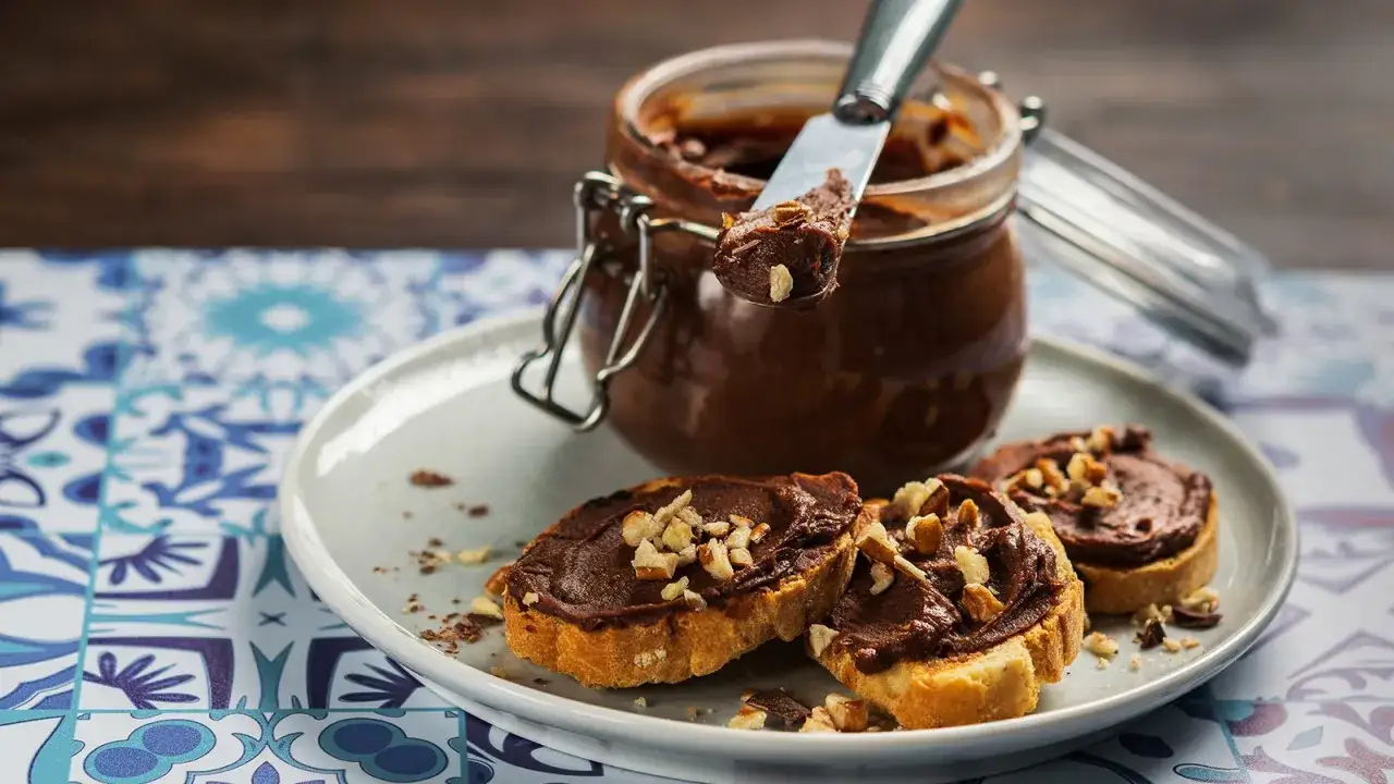 Selbstgemachte Haselnusscreme auf Brot, bestreut mit gehackten N&uuml;ssen. Ein Glas mit der k&ouml;stlichen Creme steht daneben.