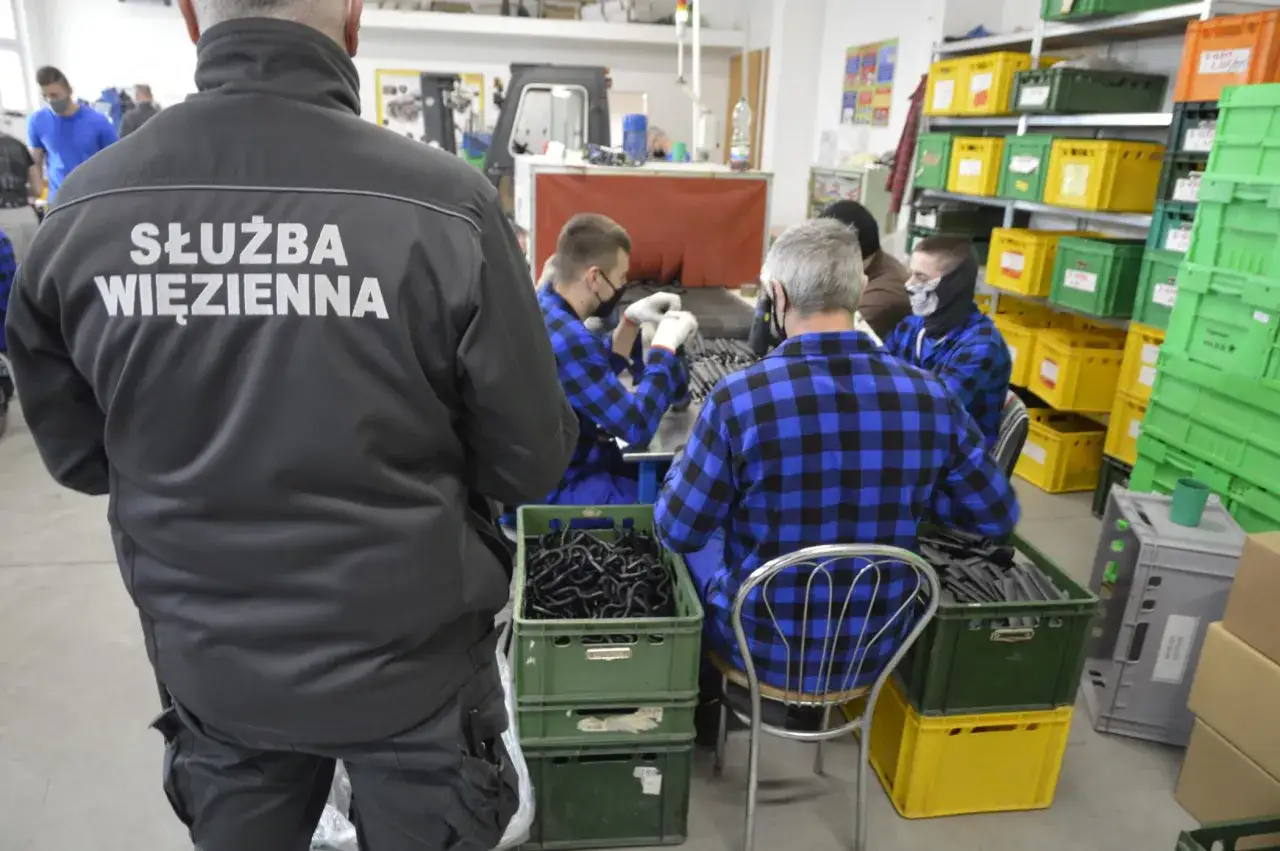 Pracownicy w kratę składają elementy, nadzorowani przez funkcjonariusza Służby Więziennej. To część programu resocjalizacyjnego zgodnego z art. 91 kkw.
