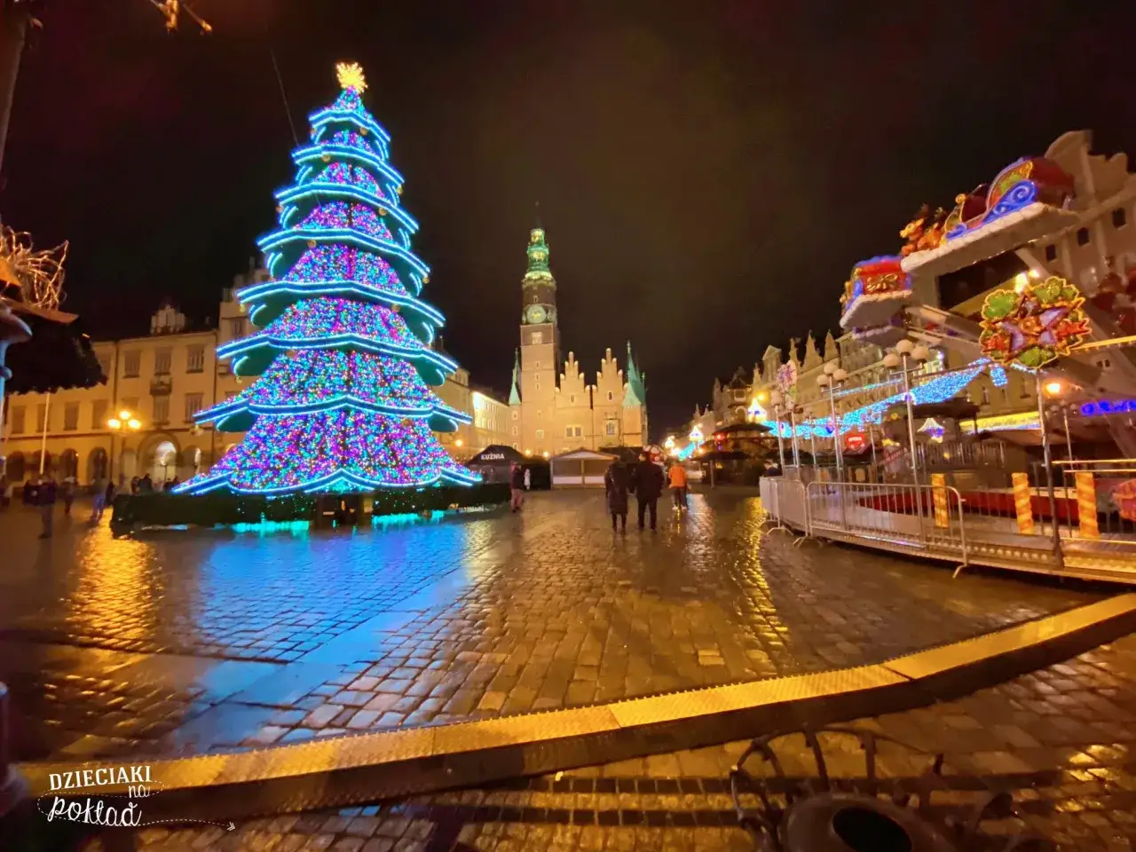 Wrocławskie atrakcje na świeżym powietrzu: ogromna, oświetlona choinka i karuzela na Rynku.
