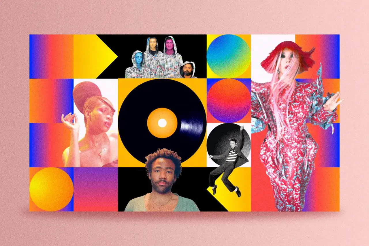 Kolaż z artystami muzycznymi, winylami i kolorowymi gradientami. Może to być najlepszy wokalny album - pop.