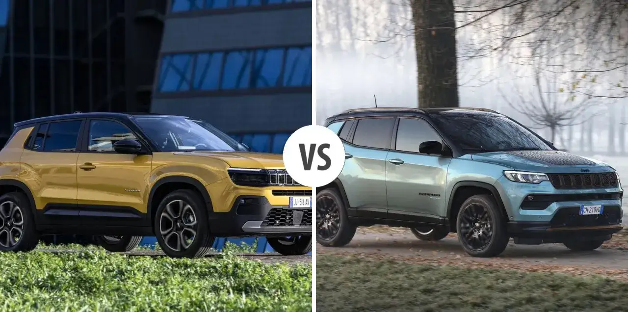 Żółty i błękitny jeep suv obok siebie, porównanie modeli.
