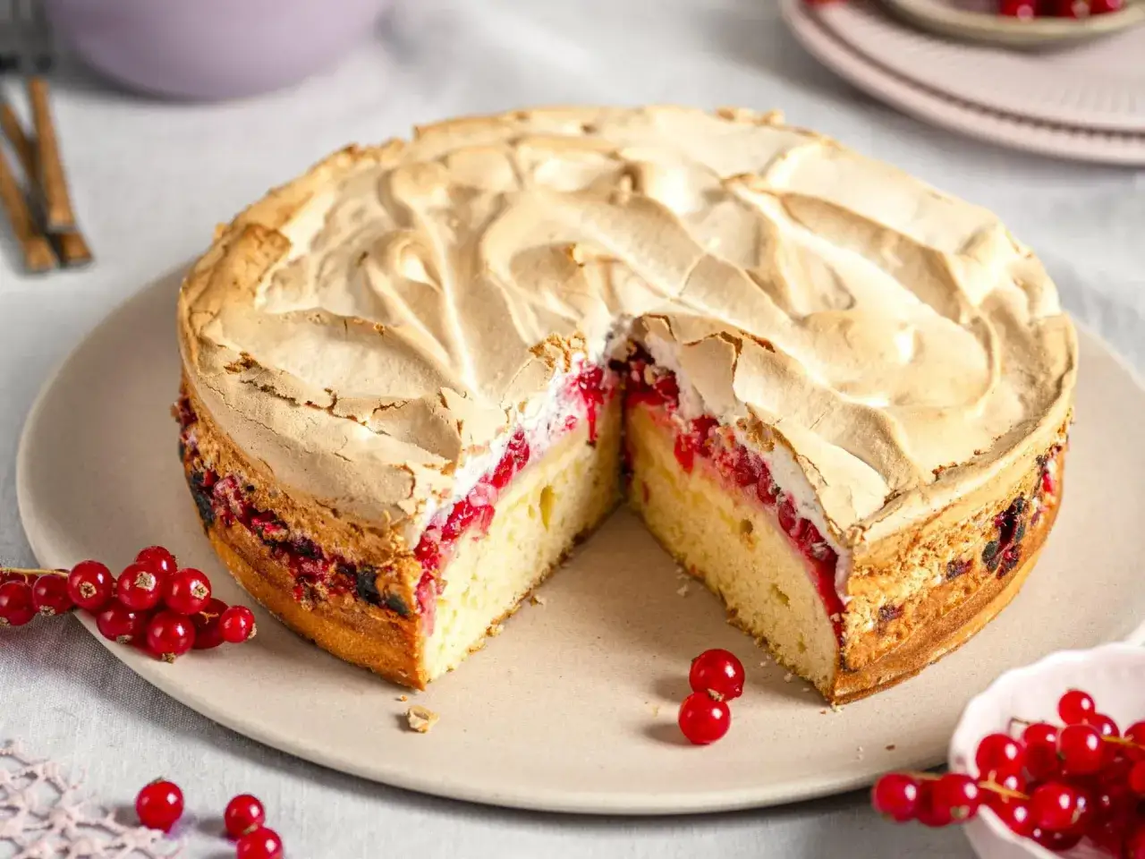 Ein saftiger Johannisbeer Baiser Kuchen mit einer luftigen Baisedecke und frischen roten Johannisbeeren.