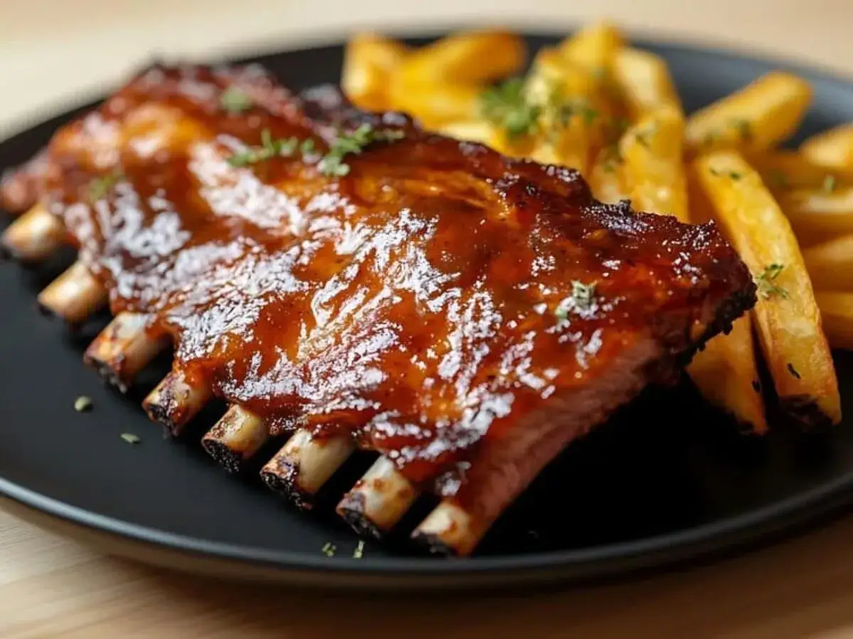 Costillas al horno con miel y mostaza, jugosas y glaseadas, acompa&ntilde;adas de papas fritas crujientes.