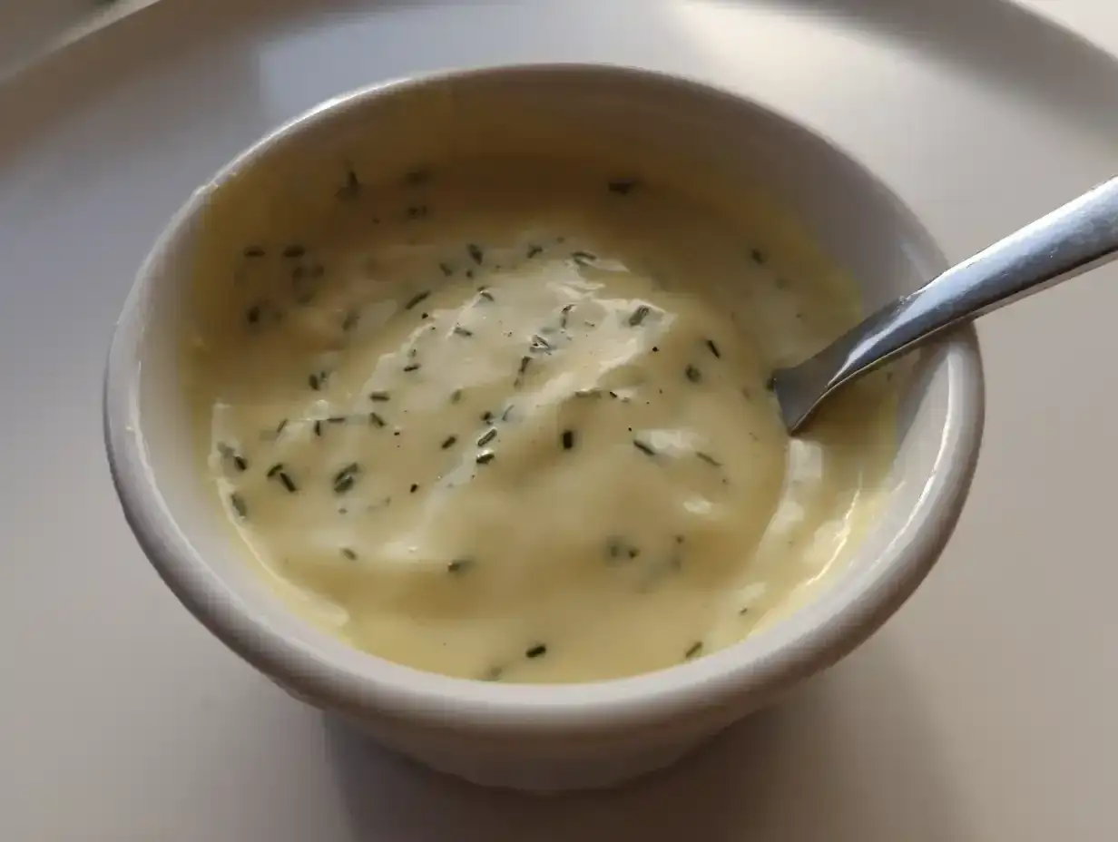 En krämig vegansk bearnaisesås med örter i en vit skål, redo att serveras. Ett enkelt vegansk bearnaisesås recept.