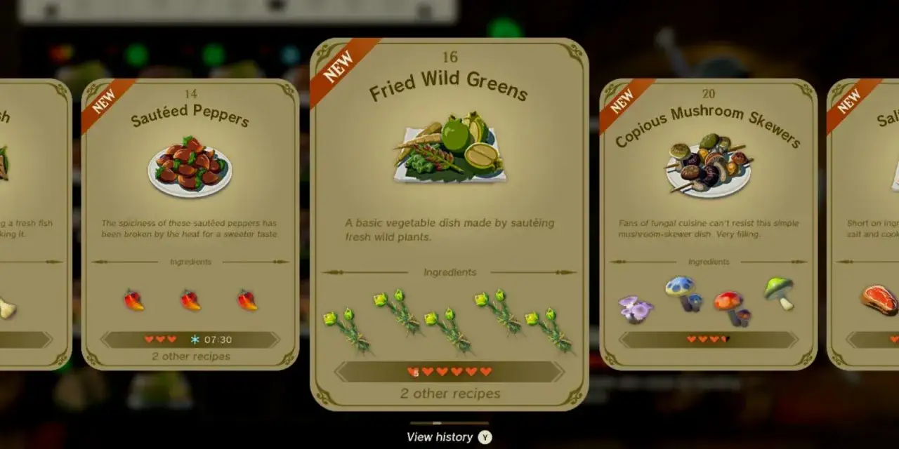 Explora recetas de Zelda Tears of the Kingdom: pimientos salteados, verduras fritas y brochetas de champi&ntilde;ones. &iexcl;Prepara tus ingredientes!