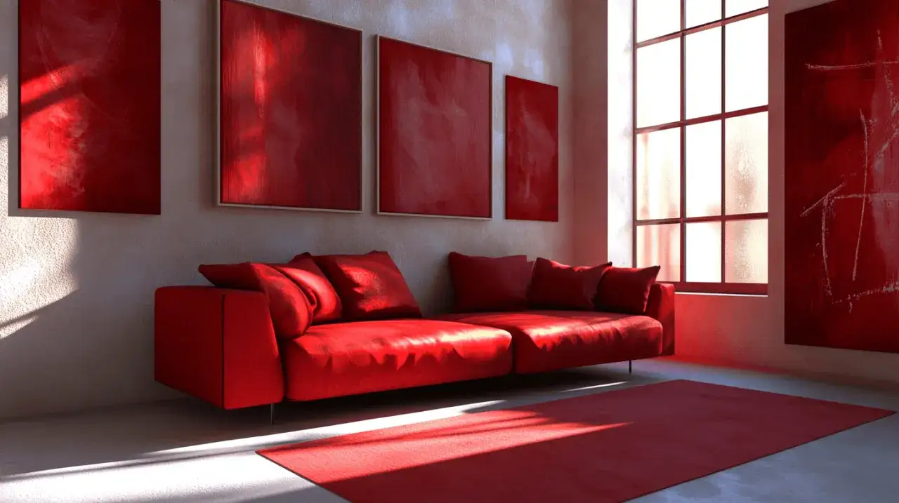 Ein rotes Sofa und Teppich in einem Raum mit roten Bildern. Welche Farbe passt zu Rot? Hier ist eine Antwort: Rot!