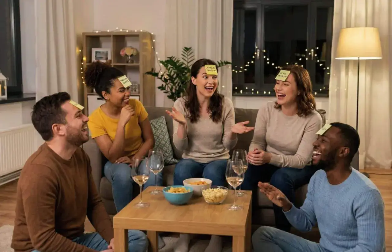 Des amis jouent à un jeu de devinettes avec des post-it sur le front. Une excellente idée de gage pour une soirée réussie !