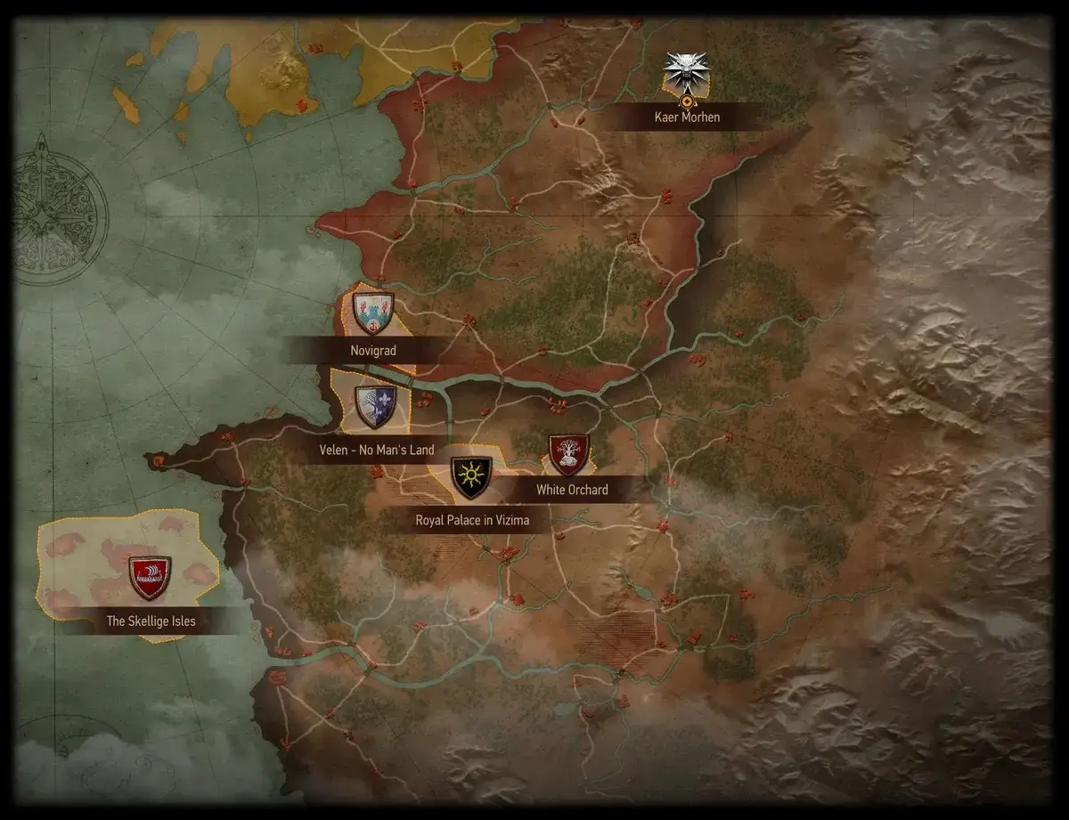 Mapa świata Wiedźmin 3: Dziki Gon. Pokazuje główne lokacje: Novigrad, Velen, Kaer Morhen, White Orchard i Skellige. Ile zajmuje przejście Wiedźmin 3?