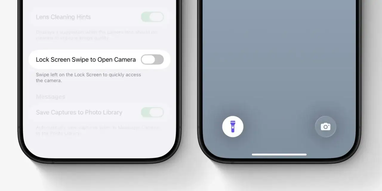 Na ekranie blokady iPhone'a widać ikonę latarki, obok ikony aparatu. Ustawienia pozwalają włączyć szybki dostęp do aparatu.