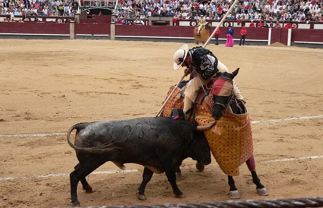 Picador a caballo, con su vara, se enfrenta a un toro. La multitud observa. &iquest;Cu&aacute;nto cobra un picador de toros por esta peligrosa labor?