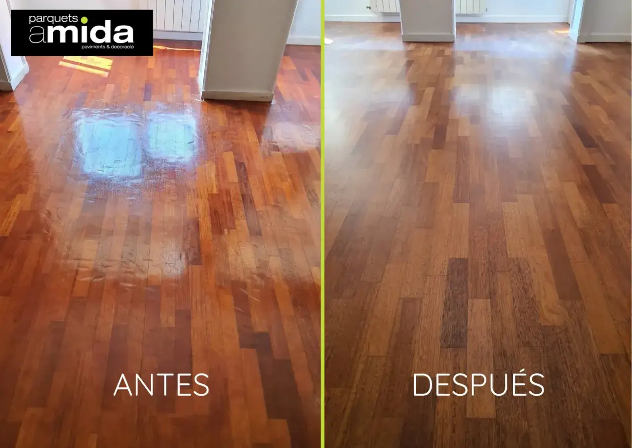 Parquet antes y después de acuchillar. El suelo de madera recupera su brillo y color original.