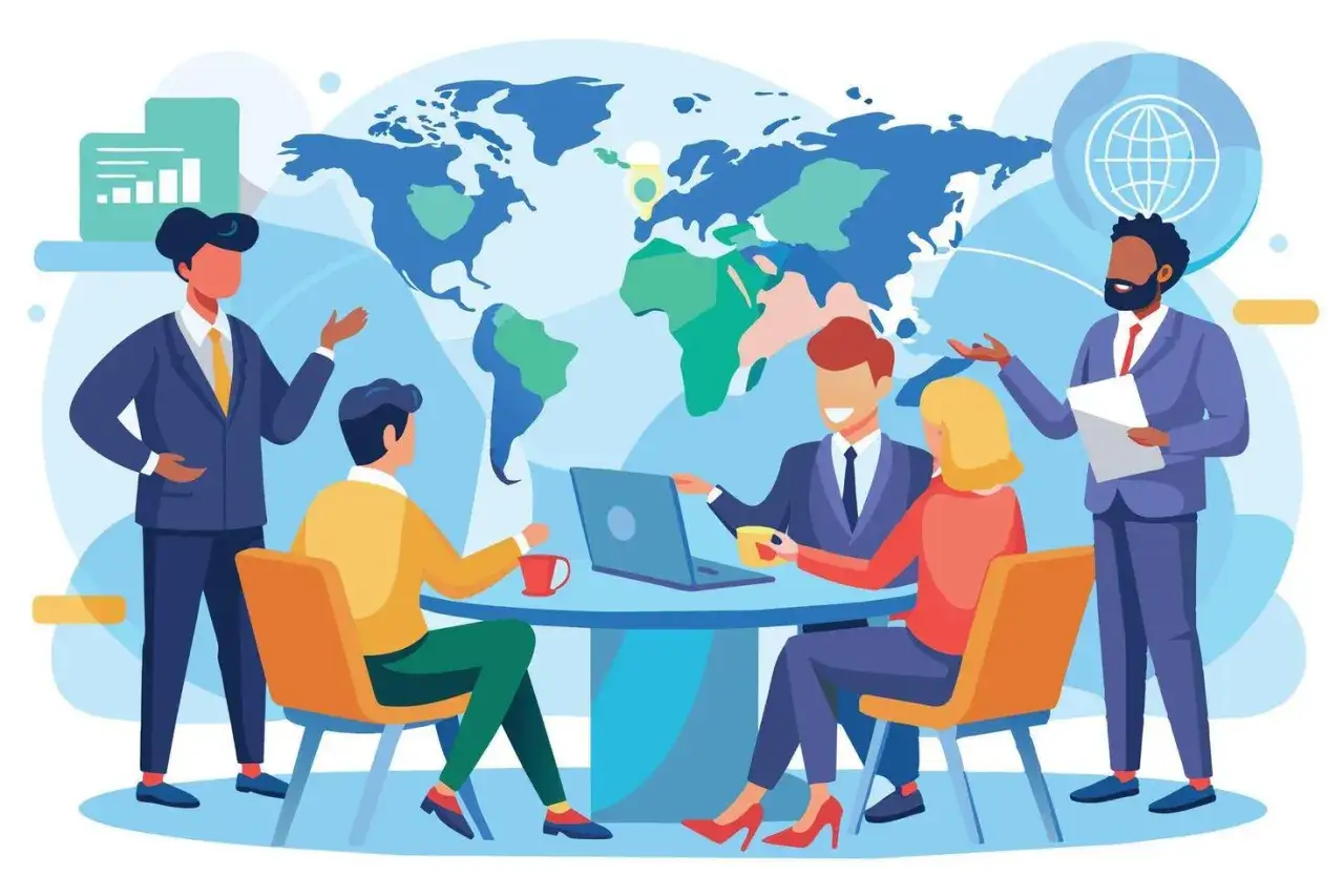 Diverse team collaborating around a table with a world map backdrop, symbolizing global business and Franklin Covey leadership training.