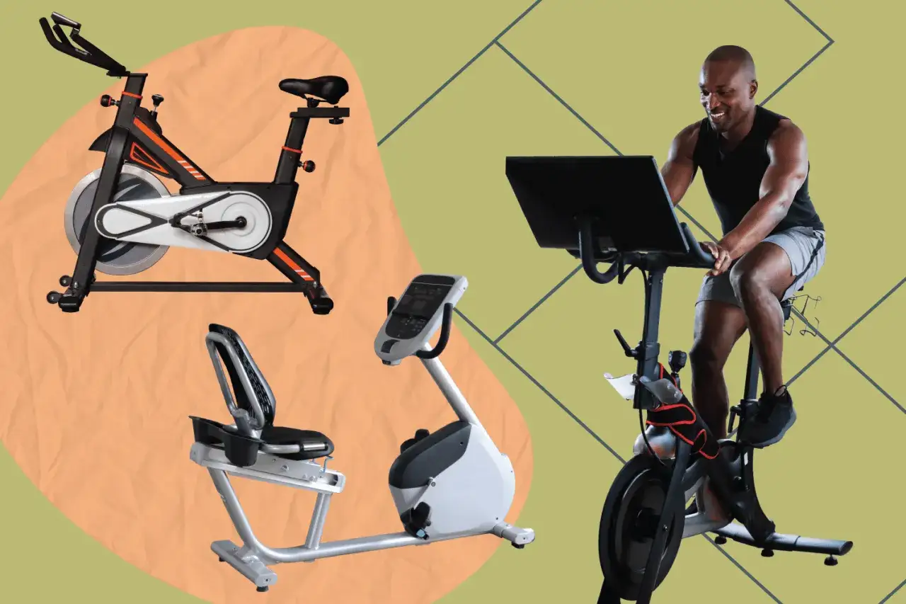 A man enjoys a workout on a stationary bike, with other bike resistance machines shown.