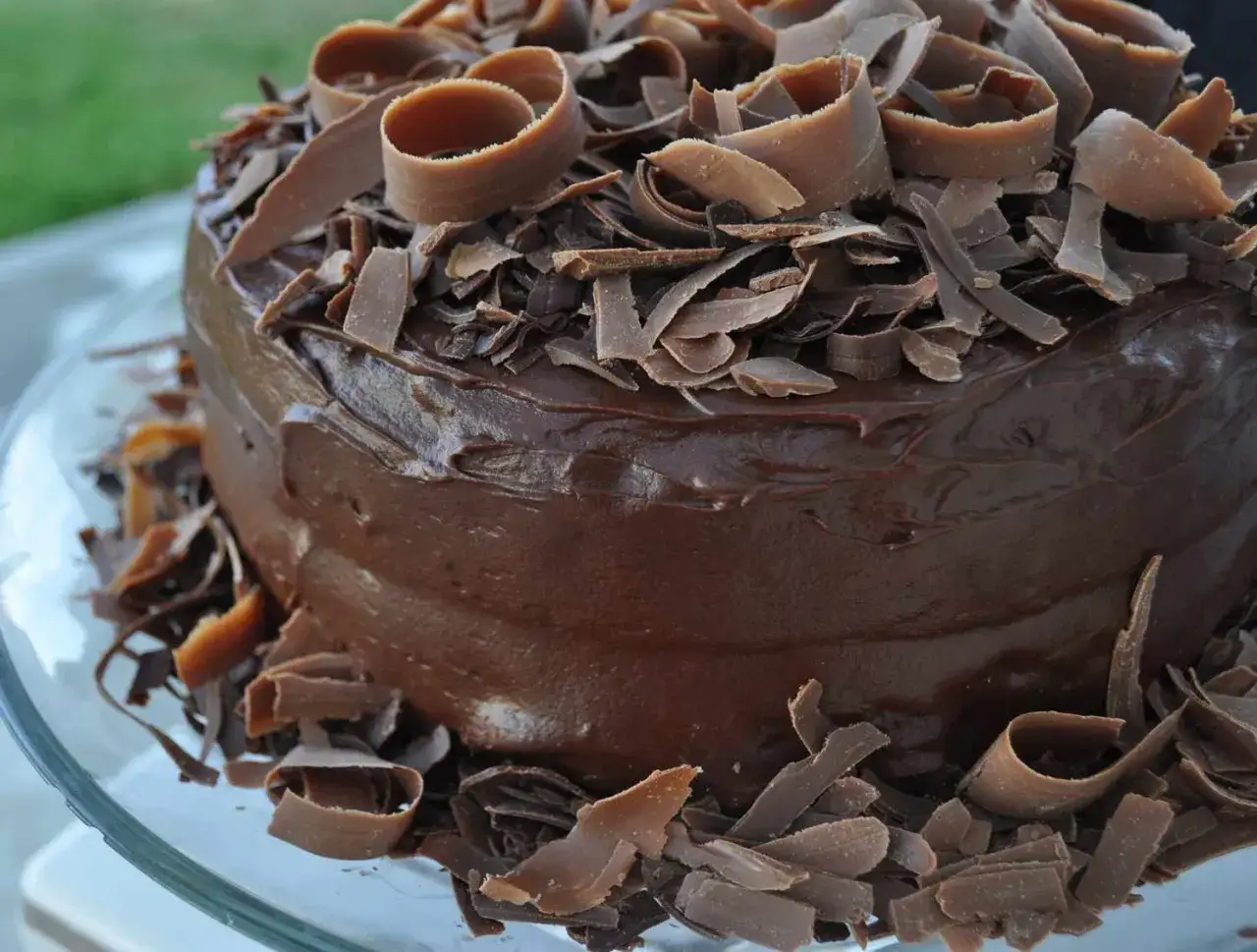 Pastel de chocolate cubierto con rizos de chocolate. ¡Perfecto para tus recetas de pastel de chocolate!