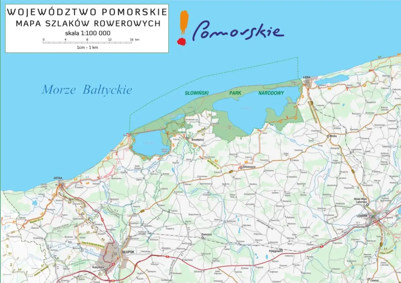 Mapa szlak&oacute;w rowerowych Pomorze: odkryj malownicze trasy rowerowe Pomorze, w tym Słowiński Park Narodowy i wybrzeże Bałtyku.